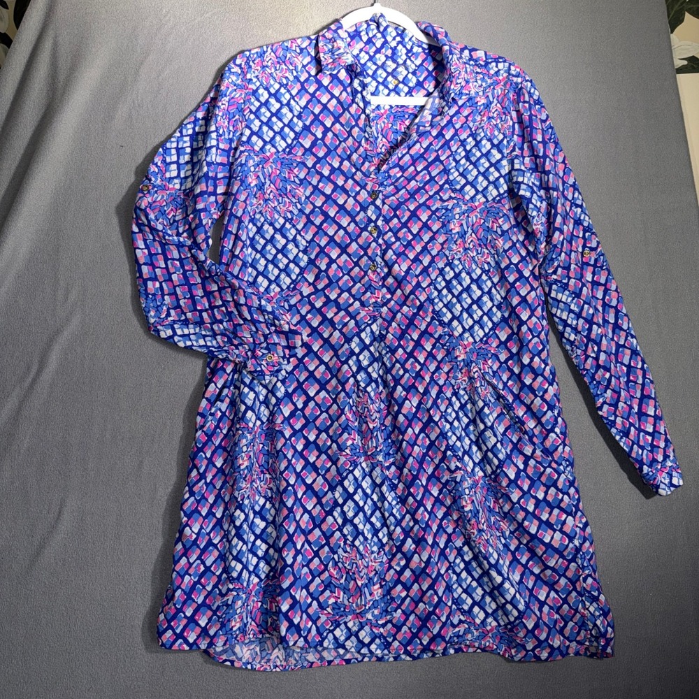 Lilly Pulitzer S Lilith Blue Pink Pineapple Geometric Preppy Coastal Palm‎ Beach
